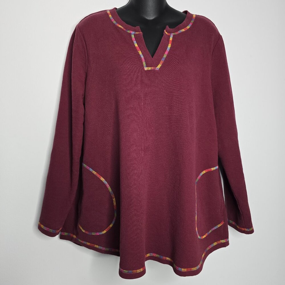 LOGO Lounge Lori Goldstein Tunic Top Womens Large‎ Burgundy Thermal Knit Rainbow